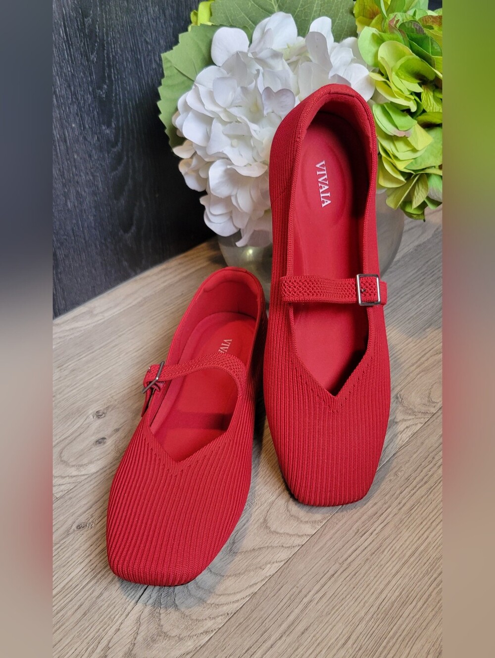 Vivaia Margot Mary Jane Buckle Square-Toe V-Cut Ruby Red Flats, US 9.5 EU 41 - Picture 3 of 16